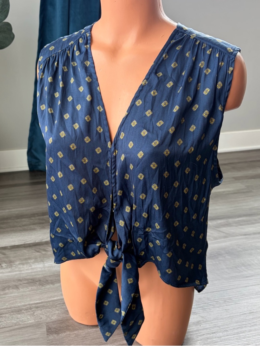 Free People Navy Tie-Front Camisole with Gold Print